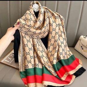 Designer Beige and Red Silk Scarf